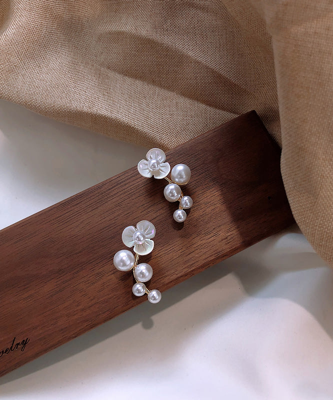 Classy White Alloy Pearl Floral Stud Earrings