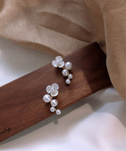 Classy White Alloy Pearl Floral Stud Earrings