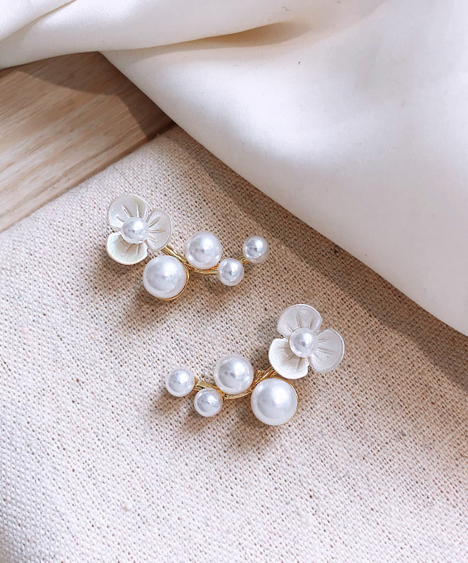 Classy White Alloy Pearl Floral Stud Earrings