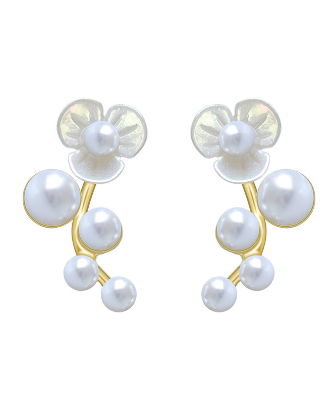 Classy White Alloy Pearl Floral Stud Earrings