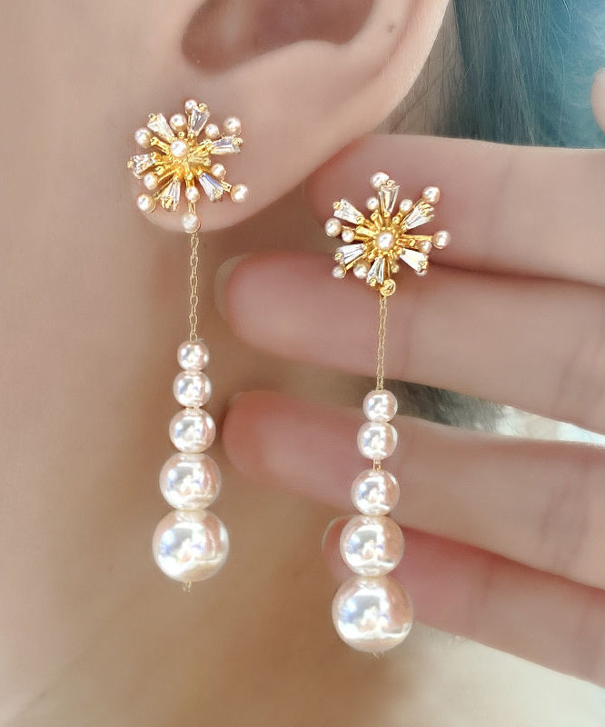 Classy White Alloy Snowflakes Pearl Tassel Drop Earrings