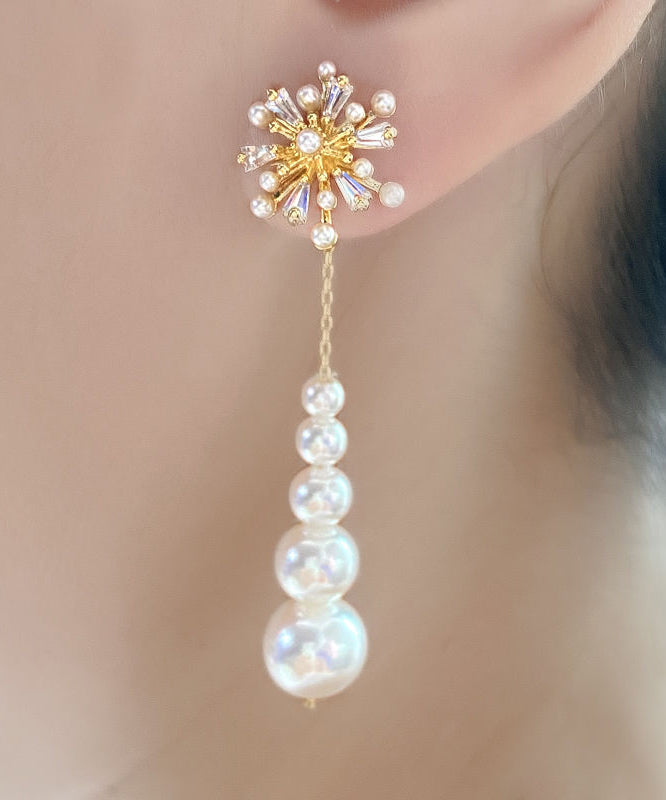 Classy White Alloy Snowflakes Pearl Tassel Drop Earrings