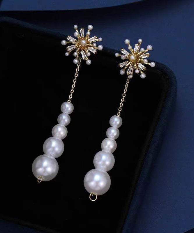 Classy White Alloy Snowflakes Pearl Tassel Drop Earrings