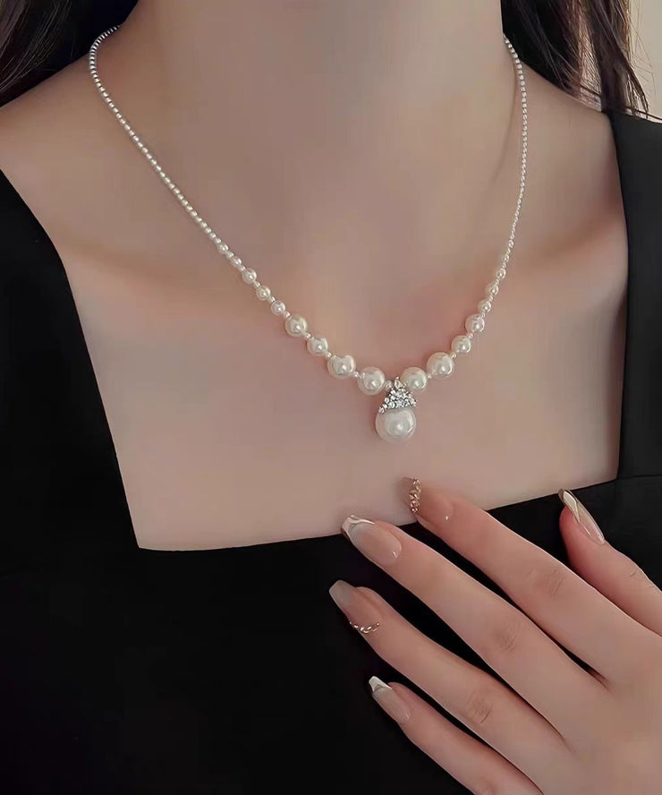 Classy White Alloy Zircon Pearl Pendant Necklace