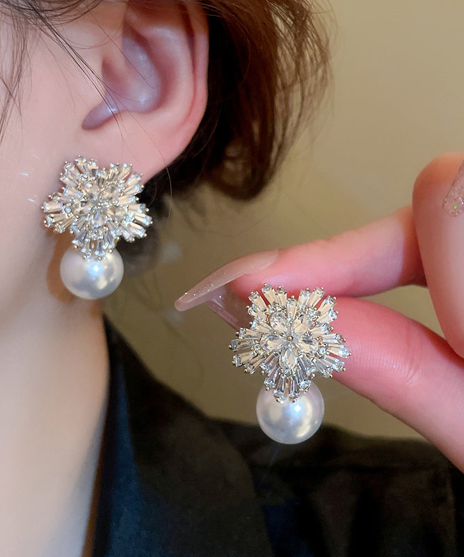 Classy White Alloy Zircon Pearl Snowflake Stud Earrings