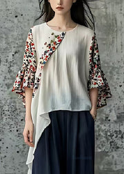 Classy White Asymmetrical Patchwork Cotton Top Flare Sleeve