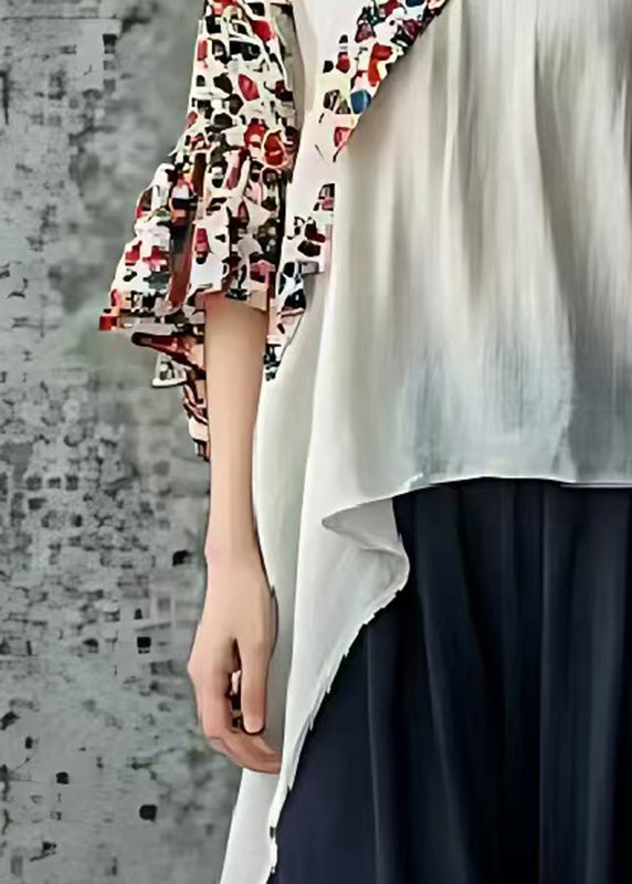 Classy White Asymmetrical Patchwork Cotton Top Flare Sleeve