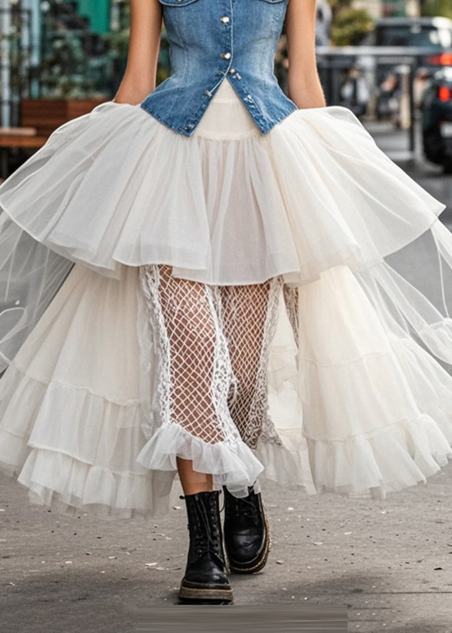 Classy White Asymmetrical Patchwork Ruffled Tulle Beach Skirt Spring