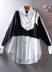 Classy White Asymmetrical Patchwork Striped Fake Two Piece Tops Spring