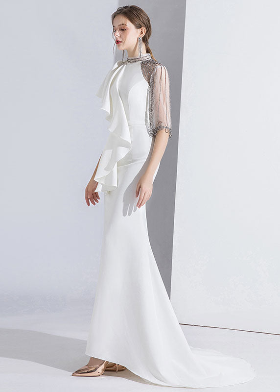 Classy White Asymmetrical Tulle Patchwork Slim Fishtail Maxi Dress Summer