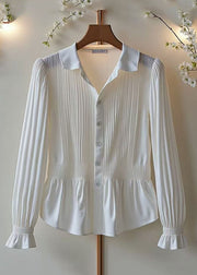 Classy White Button Wrinkled Cotton Blouses Spring