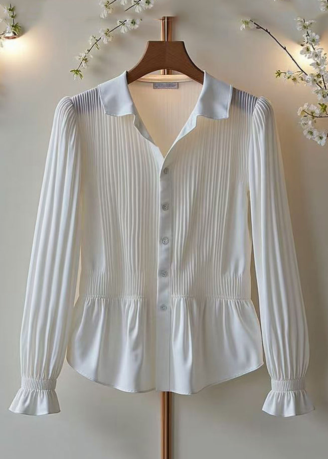 Classy White Button Wrinkled Cotton Blouses Spring