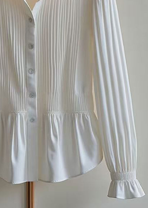 Classy White Button Wrinkled Cotton Blouses Spring