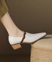 Classy White Cowhide Leather Chunky Heel Pointed Toe