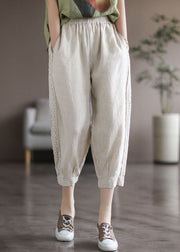 Classy White Elastic Waist Pockets Lace Patchwork Linen Crop Pants Fall