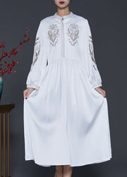 Classy White Embroidered Exra Large Hem Silk Long Dress Spring