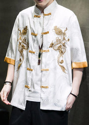 Classy White Embroideried Patchwork Ice Silk Men Shirts Summer