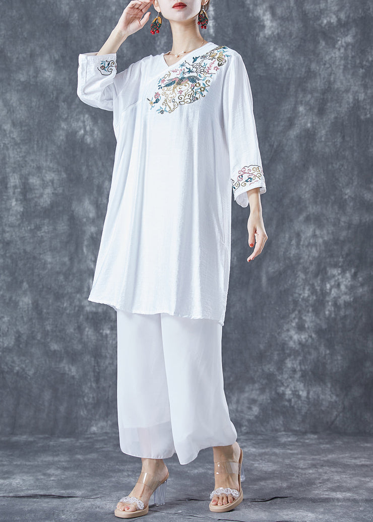 Classy White Embroidered Side Open Linen Dress Bracelet Sleeve