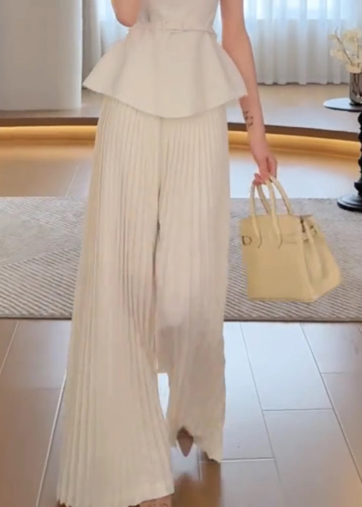 Classy White High Waist Wide Leg Pants Spring