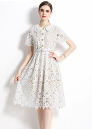 Classy White Hollow Out Embroidered Sashes Lace Dress Summer