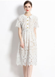 Classy White Hollow Out Embroidered Sashes Lace Dress Summer