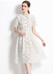 Classy White Hollow Out Embroidered Sashes Lace Dress Summer