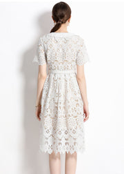 Classy White Hollow Out Embroidered Sashes Lace Dress Summer