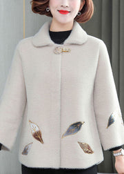 Classy White Leaf Embroideried Pockets Mink Hair Velvet Coats Winter