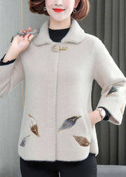 Classy White Leaf Embroideried Pockets Mink Hair Velvet Coats Winter