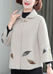 Classy White Leaf Embroideried Pockets Mink Hair Velvet Coats Winter