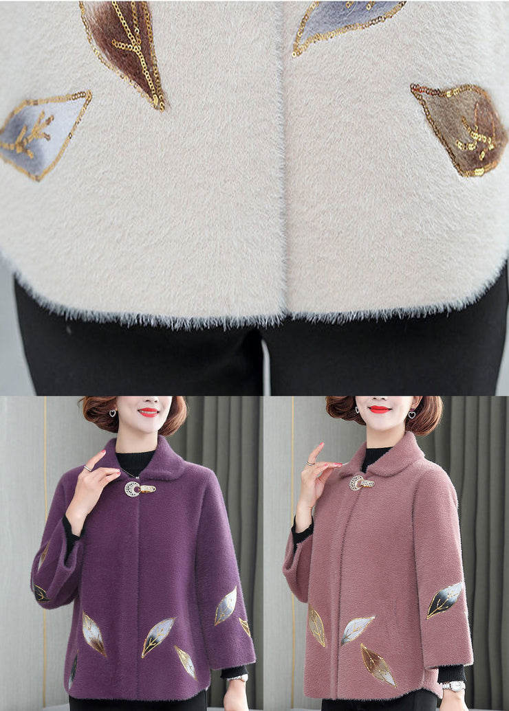 Classy White Leaf Embroideried Pockets Mink Hair Velvet Coats Winter