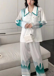 Classy White Mountains-and-waters Painting Ice Silk Pajamas Two Piece Set Women Clothing Spring