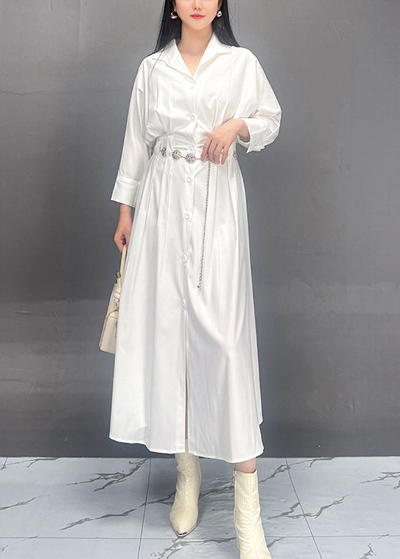 Classy White Notched Button Tunic Vacation Long Dresses Fall