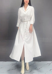 Classy White Notched Button Tunic Vacation Long Dresses Spring