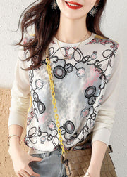 Classy White O-Neck Knit Patchwork Print Chiffon Shirt Tops Spring