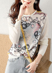 Classy White O-Neck Knit Patchwork Print Chiffon Shirt Tops Spring