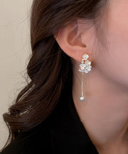 Classy White Overgild Zircon Pearl Floral Tassle Drop Earrings