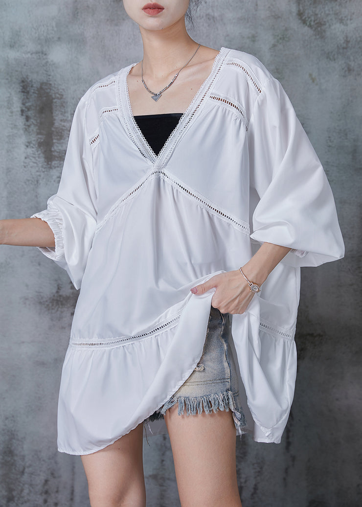 Classy White Oversized Patchwork Hollow Out Cotton Blouses Fall