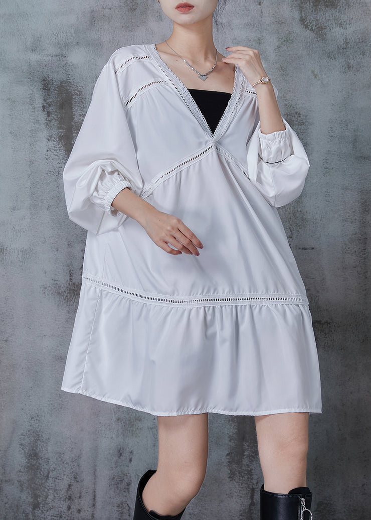 Classy White Oversized Patchwork Hollow Out Cotton Blouses Fall