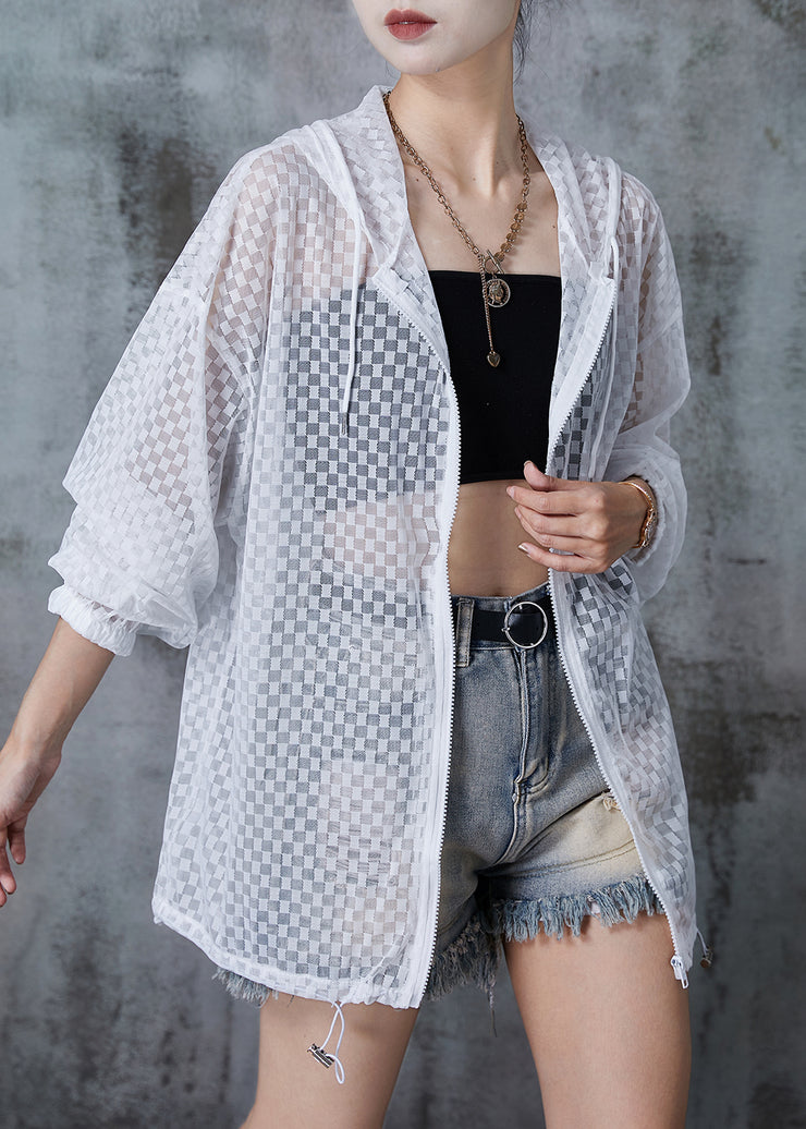 Classy White Oversized Plaid Tulle Hooded Coat Fall