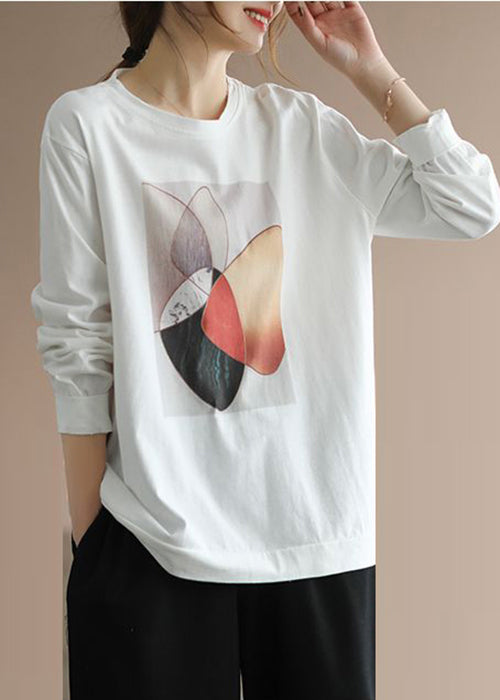 Classy White Oversized Print Cotton Pullover Streetwear Fall