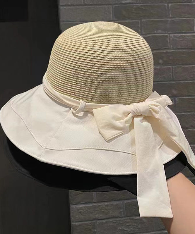 Classy White Patchwork Bow Lace Up Bucket Hat
