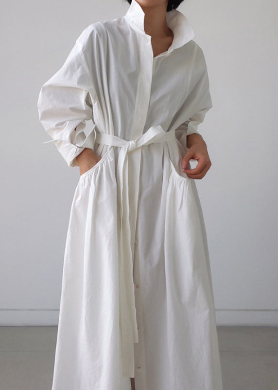 Classy White Peter Pan Collar Cotton Button Pockets Maxi Dress Long Sleeve