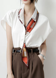 Classy White Peter Pan Collar Solid Color Draping Chiffon Shirt Tops Short Sleeve