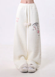 Classy White Print Fuzzy Ball Decorated Warm Fleece Fluffy Pants Spring