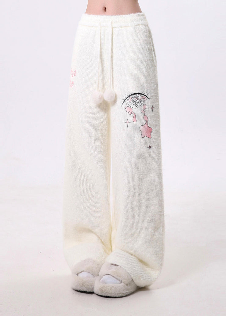 Classy White Print Fuzzy Ball Decorated Warm Fleece Fluffy Pants Spring