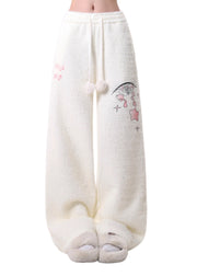 Classy White Print Fuzzy Ball Decorated Warm Fleece Fluffy Pants Spring