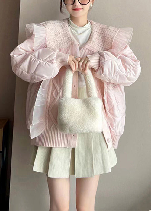 Classy White Ruffled Knit Patchwork Cotton Filled Coat Long Sleeve