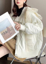 Classy White Ruffled Knit Patchwork Cotton Filled Coat Long Sleeve