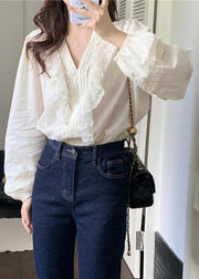 Classy White Ruffled Patchwork Lace Cotton Blouse Top Spring